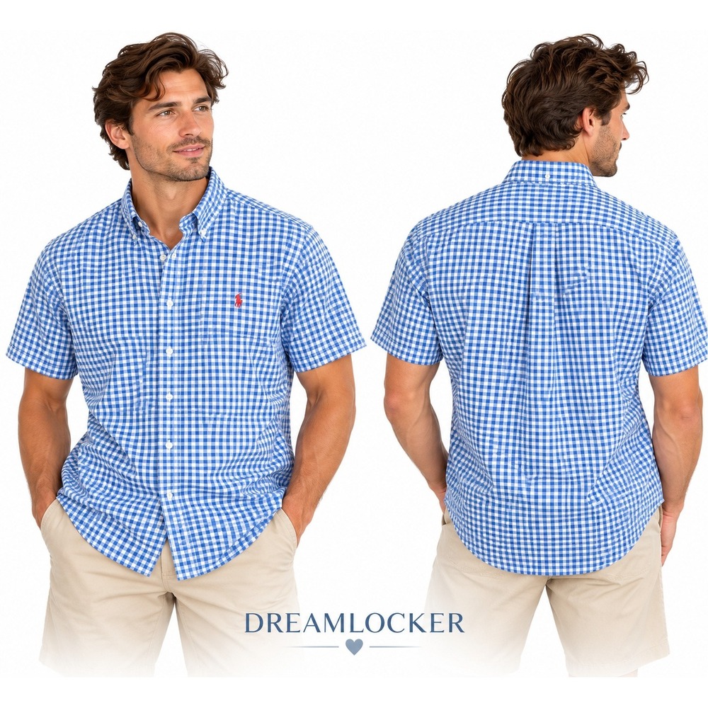 Ralph Lauren Shirt Medium Blue White Gingham Check Short Sleeve Cotton Classic